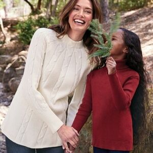 Large White Soft Surroundings Sweater Nisette Cable Knit Mock Neck Cotton Blend